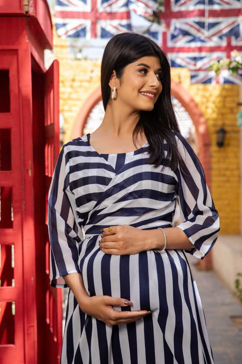 Maternity And Nursing Navy Blue Stripes Wrap Dress