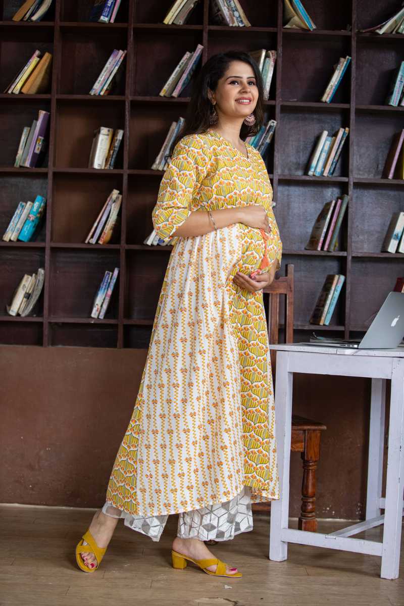 Green Cotton Maternity And Nursing Kurta