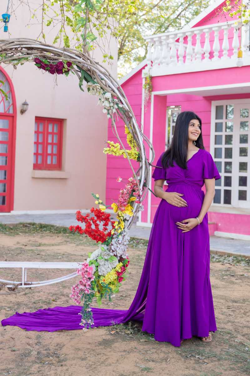 Purple Drape Maternity Dress With Detachable Trail
