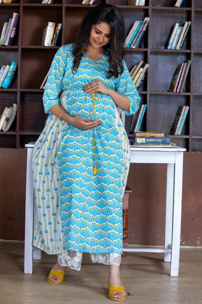 Blue Cotton Maternity and Nursing Kurta