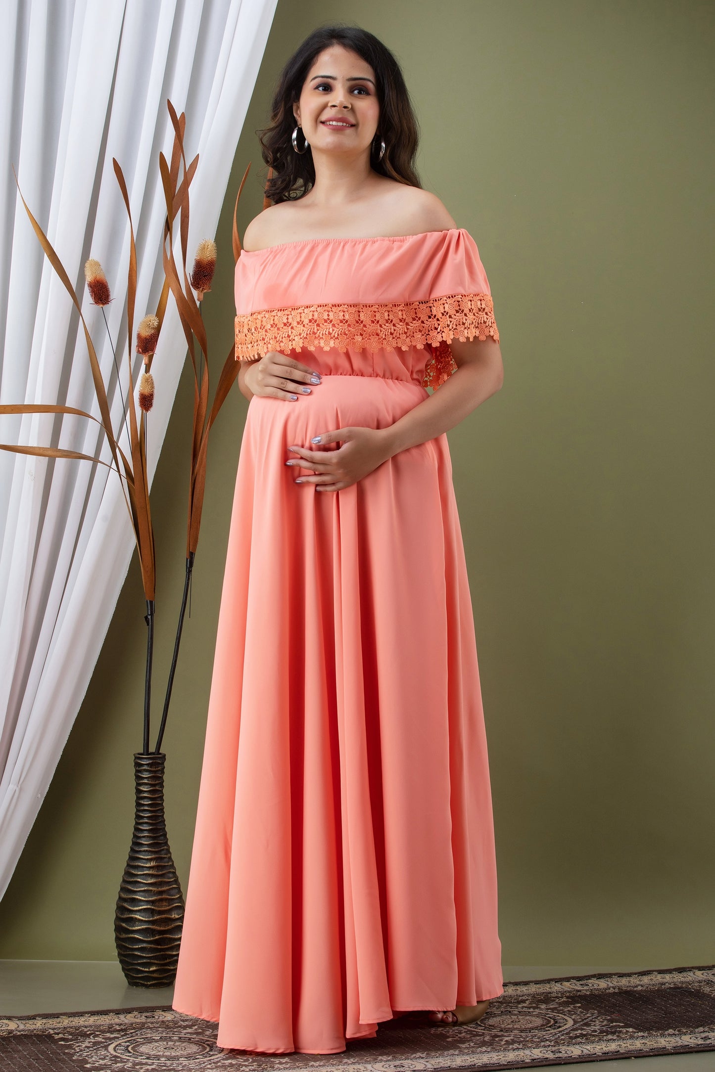 Maternity And Nursing Peach Off Shoulder Dress