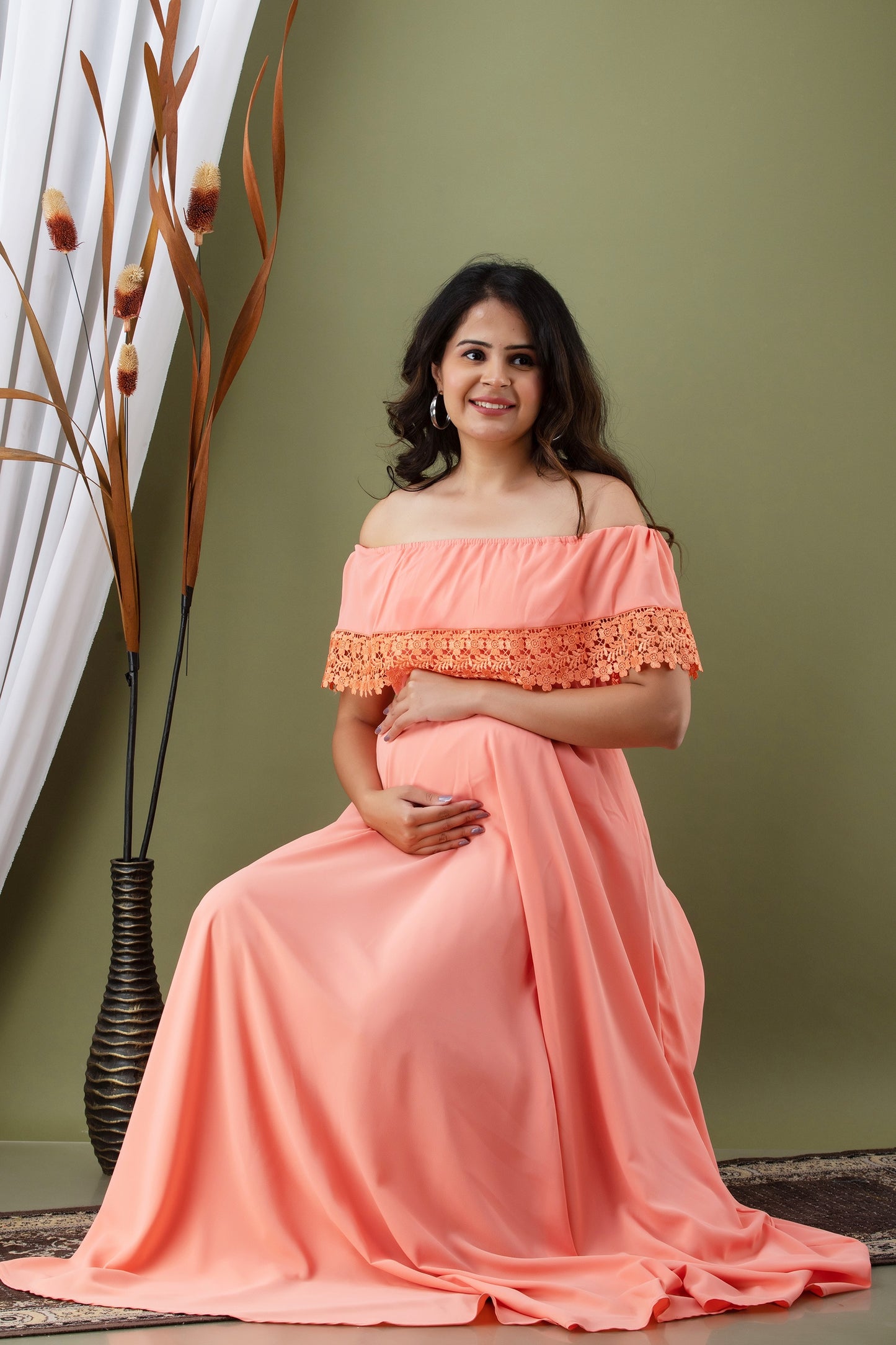 Maternity And Nursing Peach Off Shoulder Dress