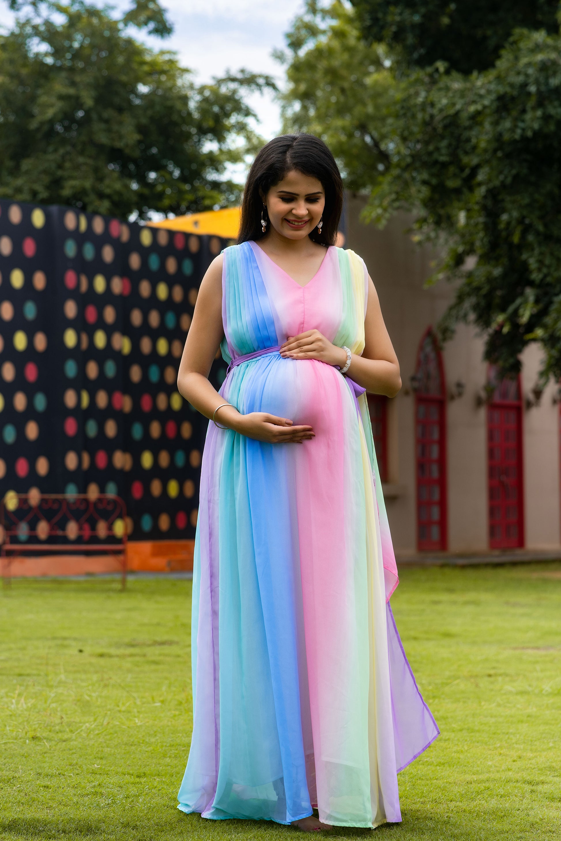 flowy maternity photoshoot dress Sexy Pink See-through Chiffon Elegant boho maternity photoshoot dress 2 piece set with soft slip design Maternity Chiffon Flowy Sleeve Dress