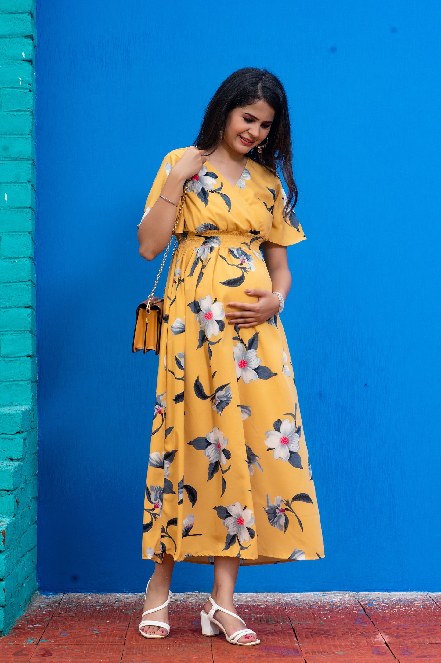 Maternity And Nursing Mustard Day Outing Pregnancy Dress
