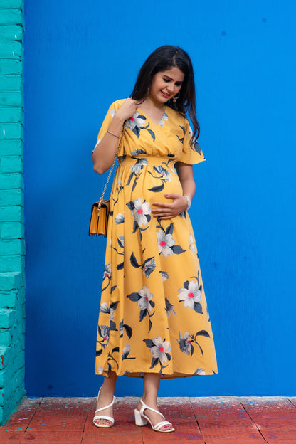 Maternity And Nursing Mustard Day Outing Pregnancy Dress