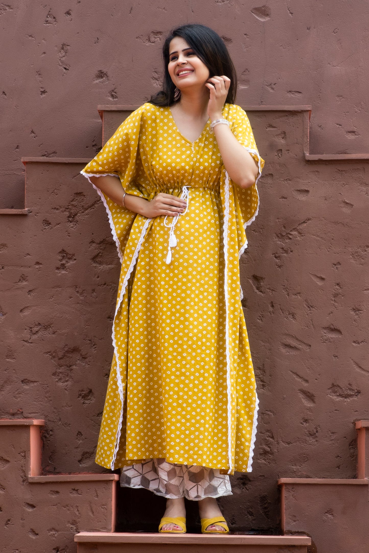 Maternity And Nursing Mustard Bandej Kaftan