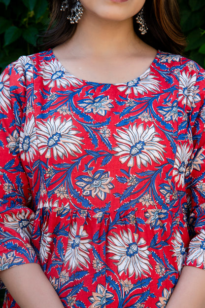 Red Blue Floral Maternity And Nursing Kurta