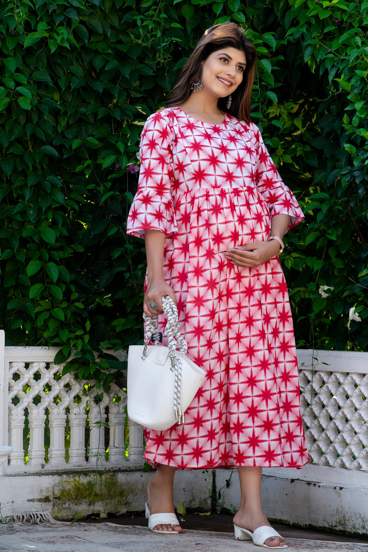 Maternity And Nursing Red Star Tie Dye Dress