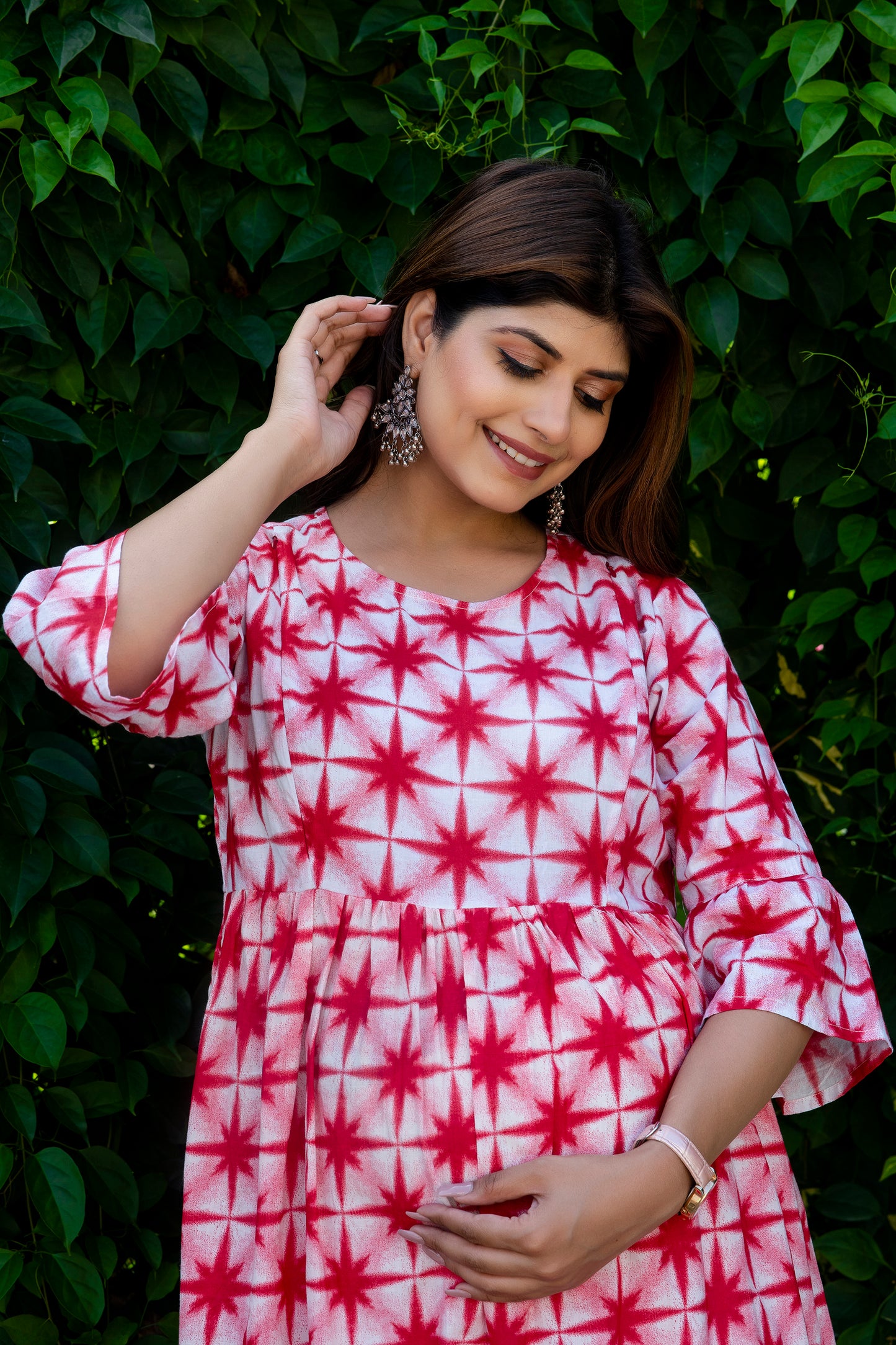 Maternity And Nursing Red Star Tie Dye Dress