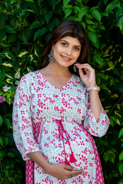 Pink White Mint Maternity And Nursing Kurta