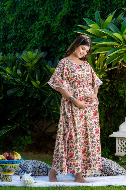 Maternity and Nursing Cream Pink Floral Kaftan