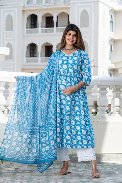 Teal Floral Maternity and Nursing Kurta Dupatta Set