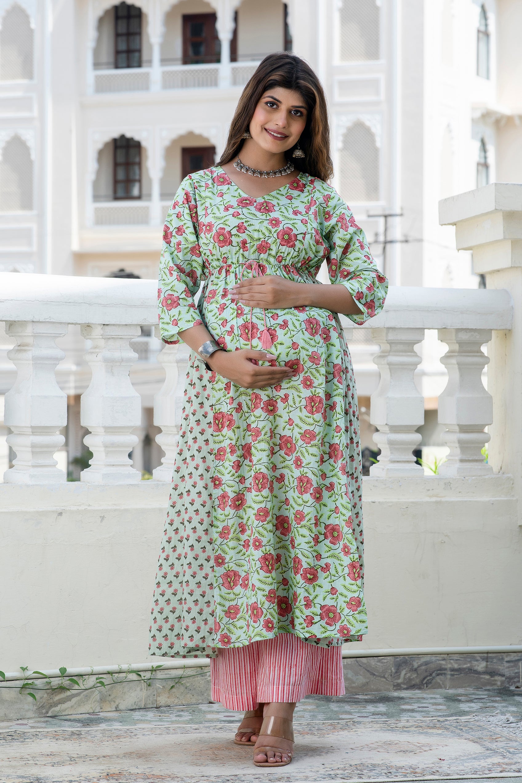Green Peach Floral Maternity And Nursing Kurta