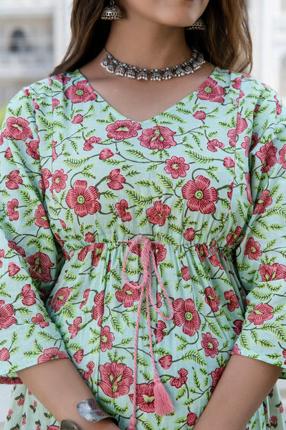 Green Peach Floral Maternity And Nursing Kurta