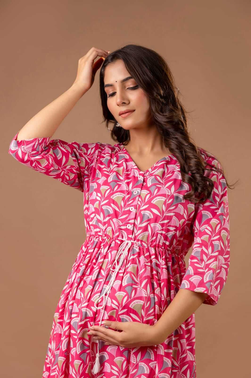 Pink Ginko Maxi Maternity Nursing Dress