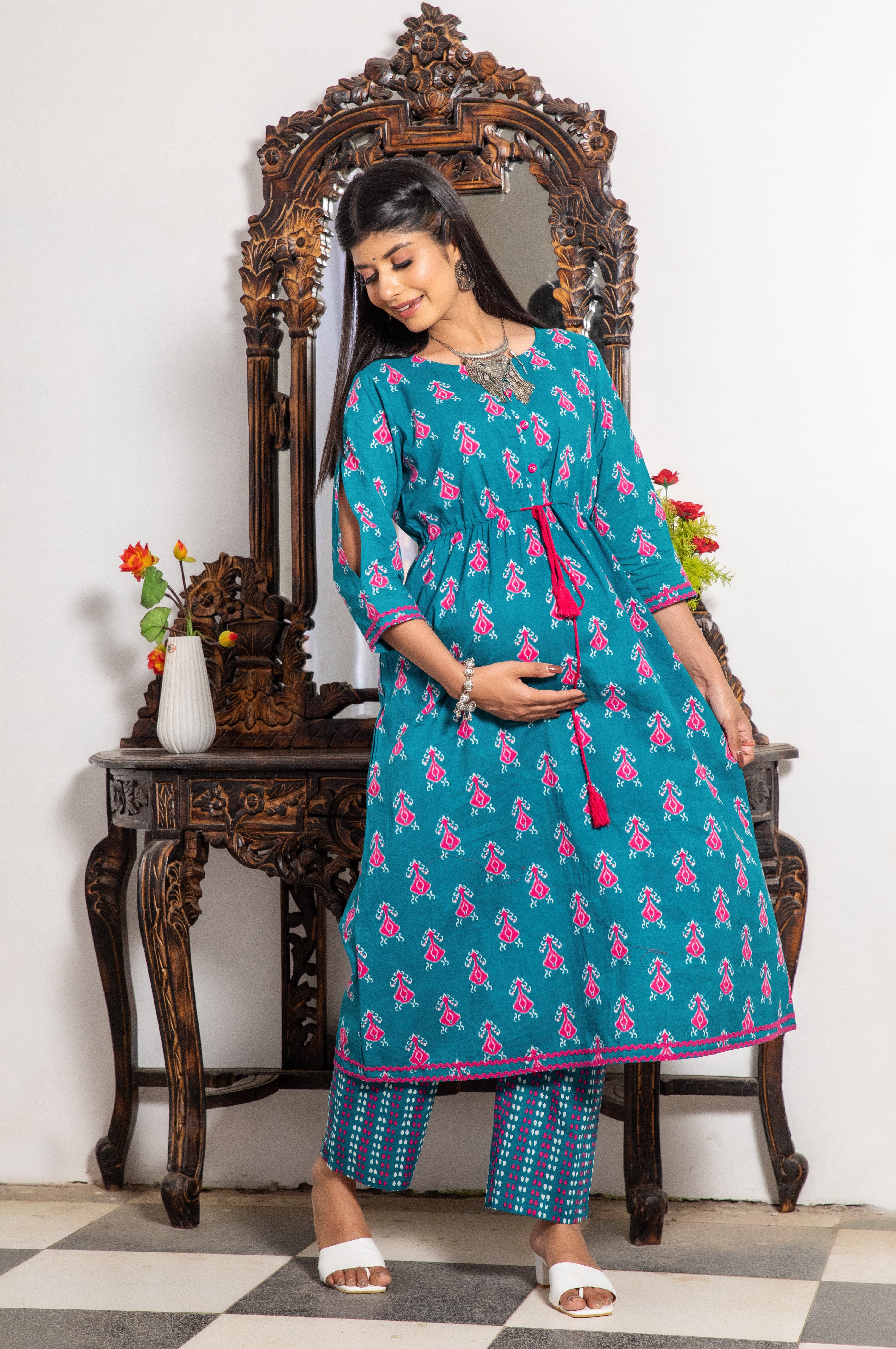Maternity And Nursing Teal Blue Kurta Pant Set
