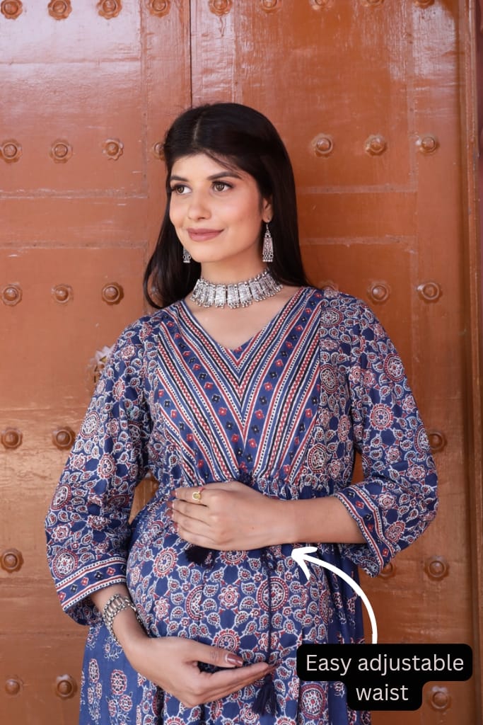 Navy Blue Ajarkh Print Maternity And Nursing Kurta
