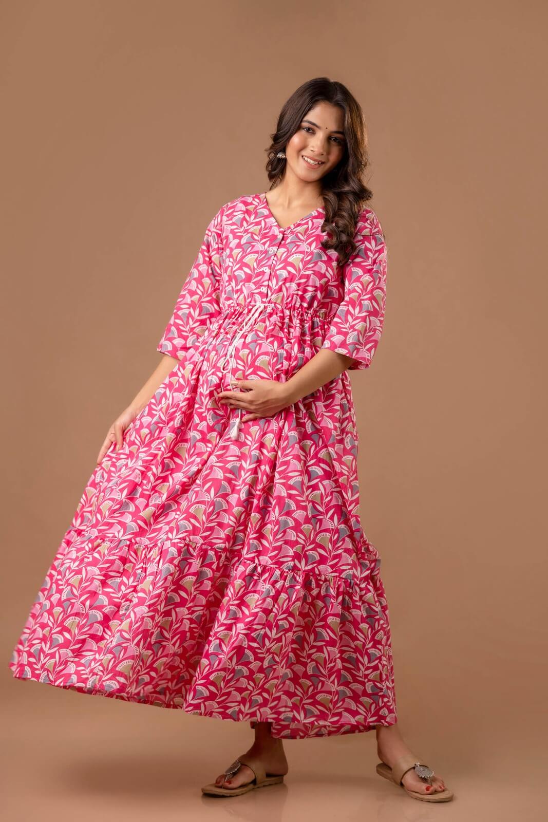 Pink Ginko Maxi Maternity Nursing Dress