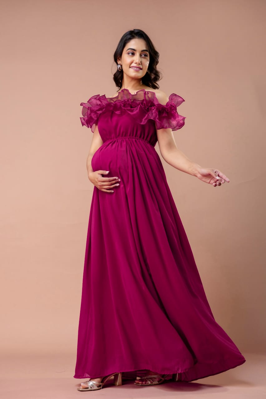 Amara wine Ruffled Maternity Photoshoot Baby shower gown
