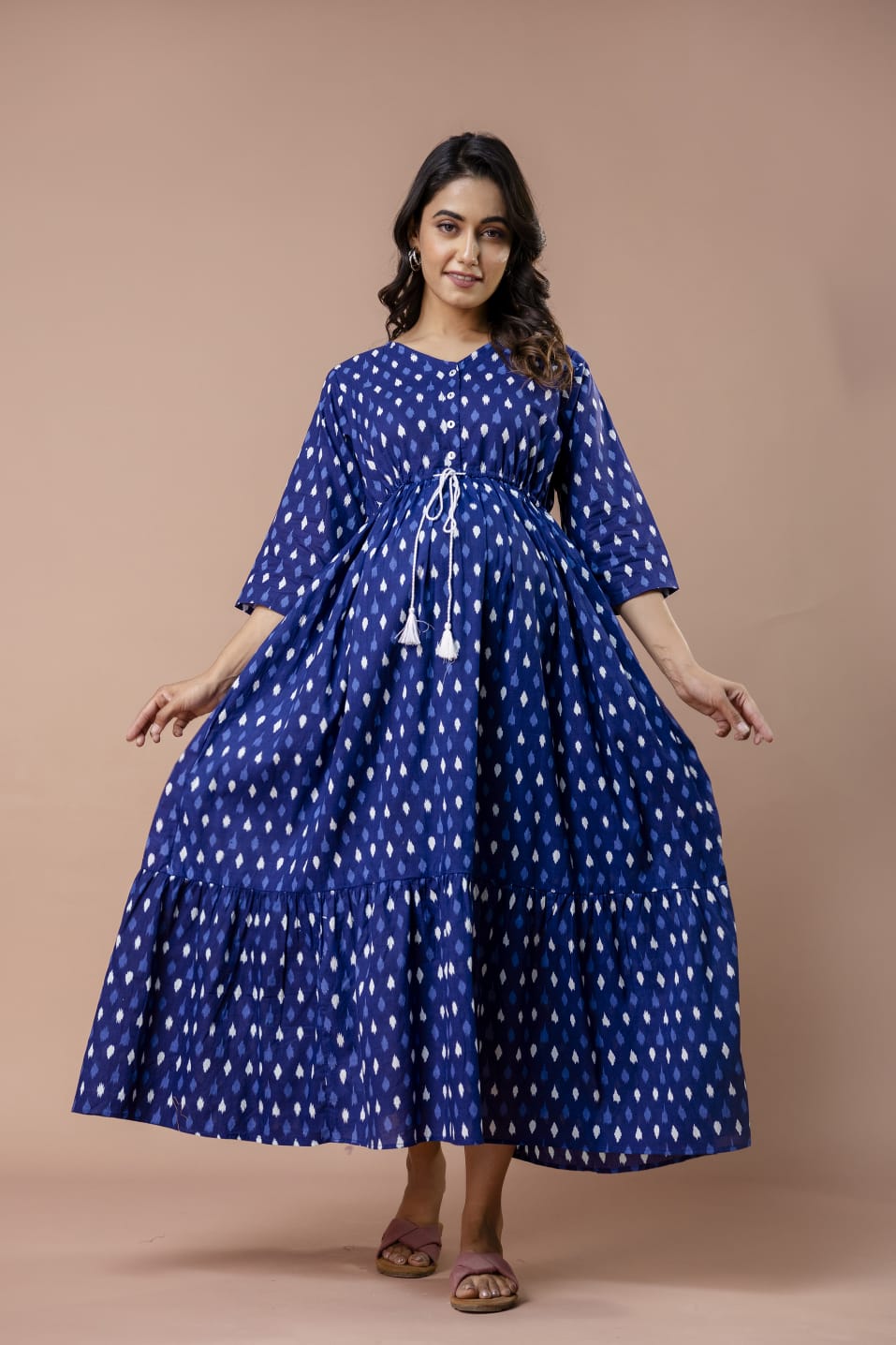 Navy Ikat Maternity Feeding Maxi Dress