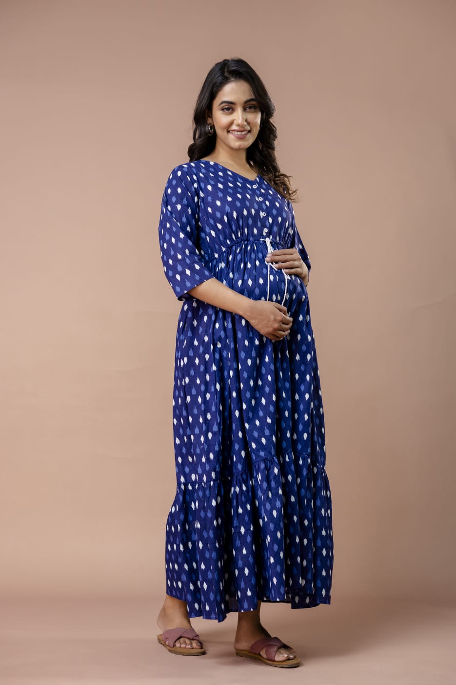 Navy Ikat Maternity Feeding Maxi Dress