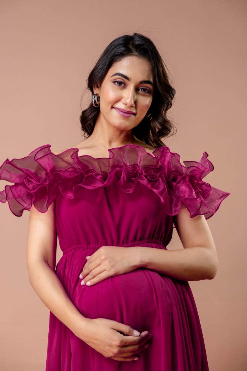 Amara Wine Ruffled Maternity Photoshoot Baby Shower Gown