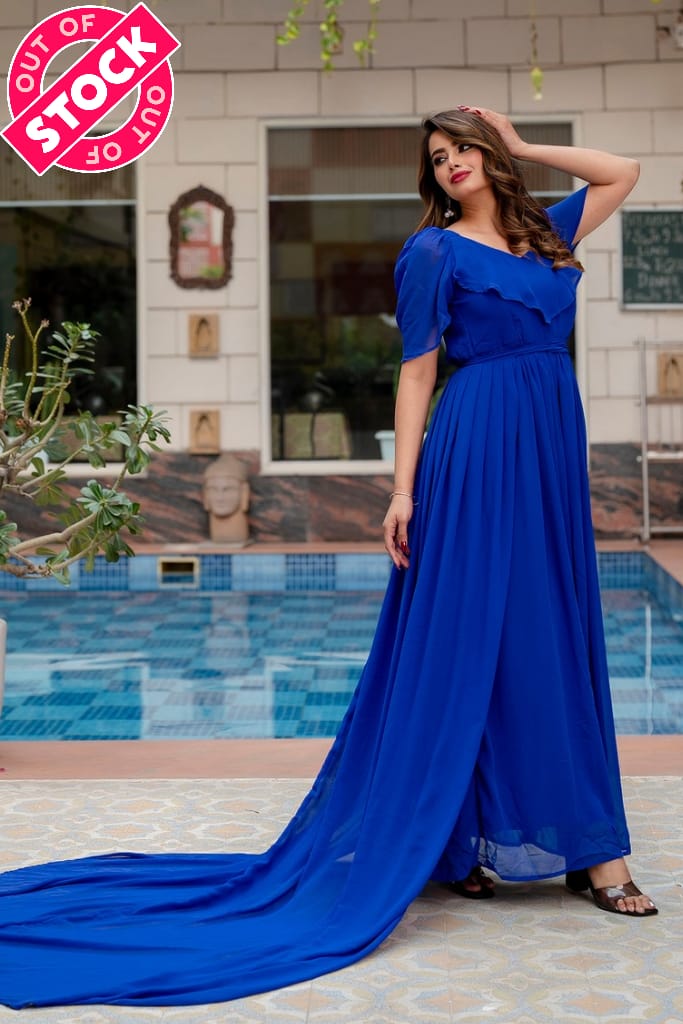 Royal Blue Sweet Heart Dress With Detachable Trail