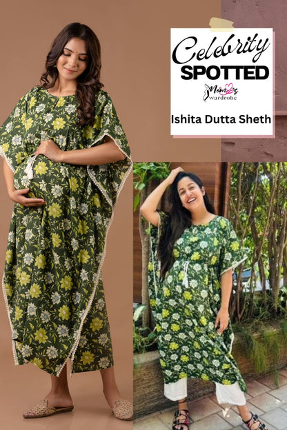 Bottle Green Floral Maternity And Nursing Kaftan