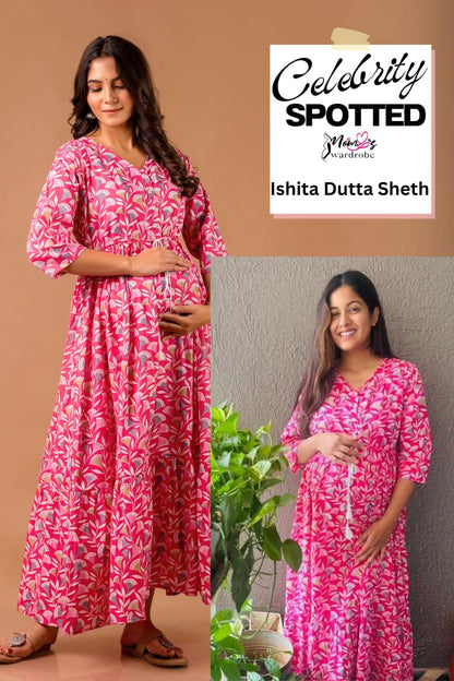 Pink Ginko Maxi Maternity Nursing Dress