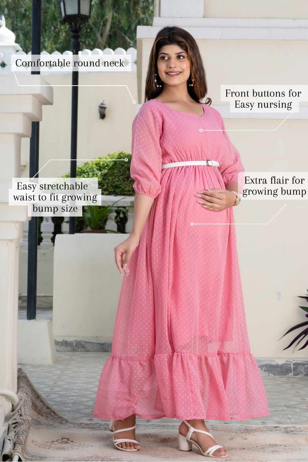 Pink Swiss Dot Maternity And Nursing Dress