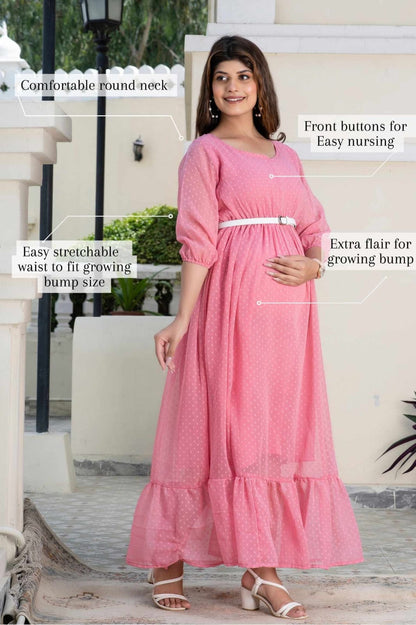 Pink Swiss Dot Maternity And Nursing Dress