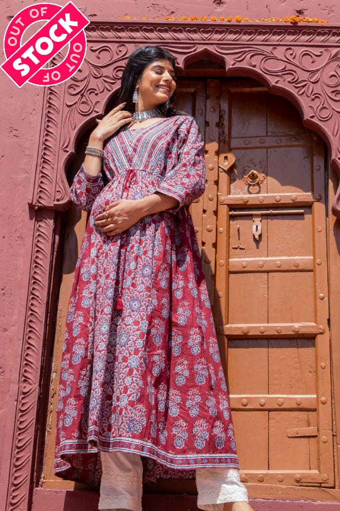 Maroon Ajrakh Print Maternity And Nursing Kurta