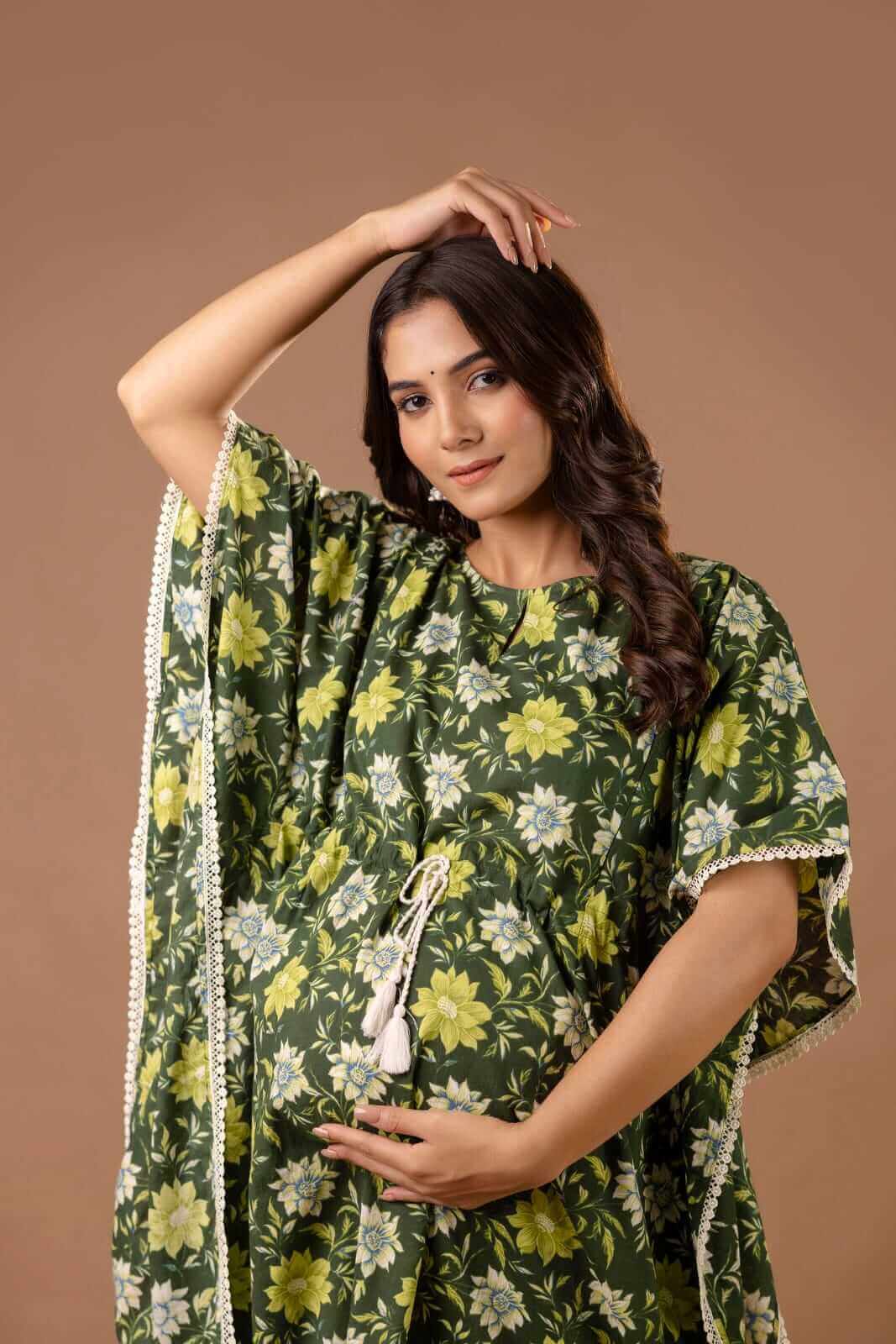 Bottle Green Floral Maternity And Nursing Kaftan