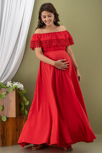 Red Off Shoulder Maternity And Nursing Dress