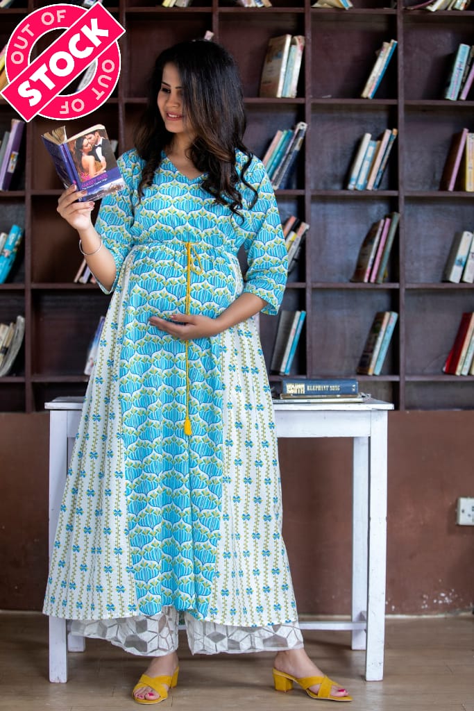 Blue Cotton Maternity and Nursing Kurta