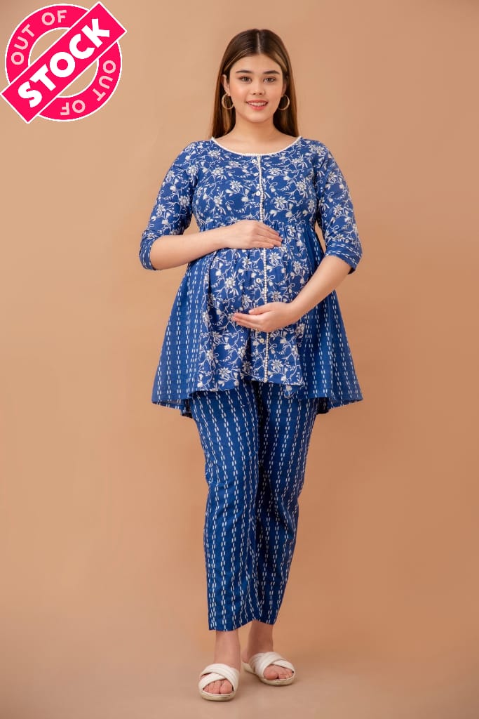 Blue Floral Cotton Maternity And Nursing Coord Set