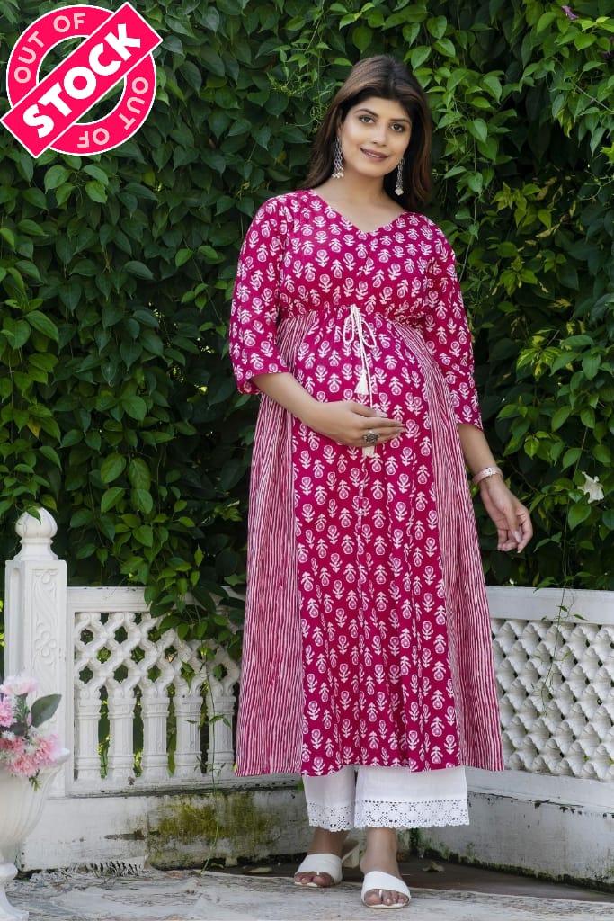 Maternity And Nursing Boota Pink Kurta