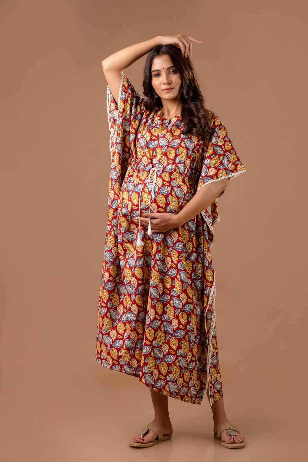 Leafy Red Maternity And Nursing Kaftan