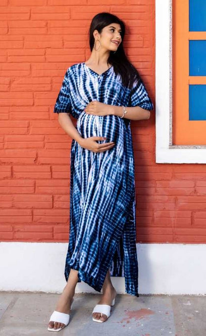 Blue Kimono Tie Dye Maternity And Nursing Maxi