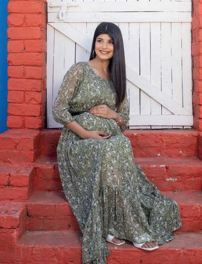 Maternity And Nursing Olive Green Maxi Dress