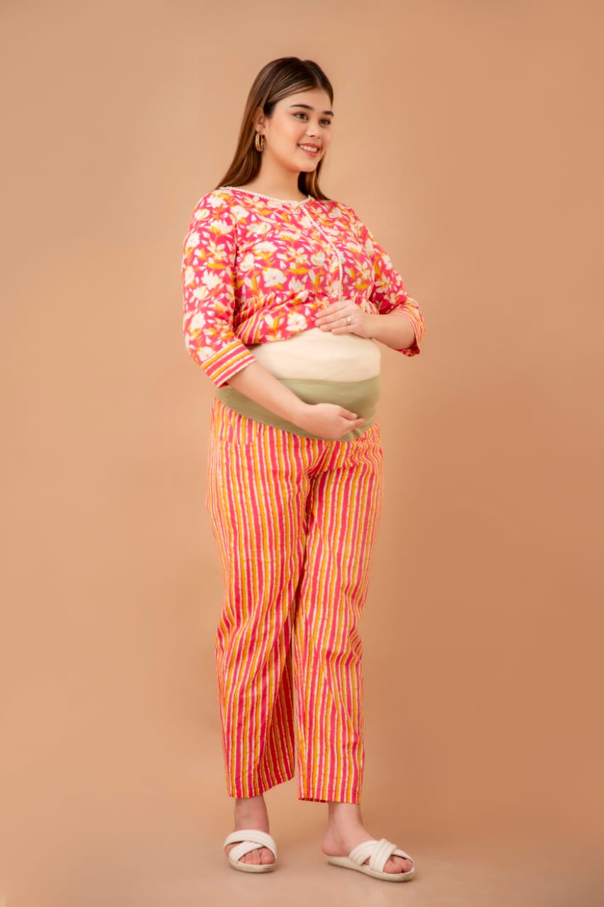 Pink Floral Cotton Maternity And Nursing Coord Set