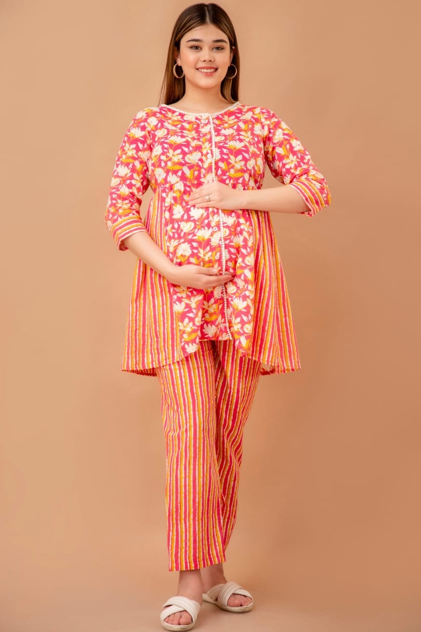 Pink Floral Cotton Maternity And Nursing Coord Set