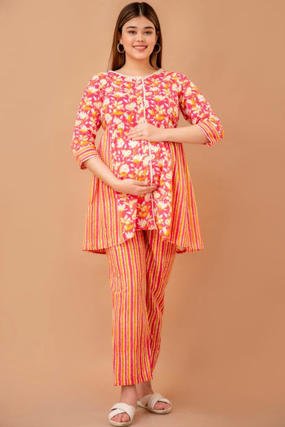 Pink Floral Cotton Maternity And Nursing Coord Set