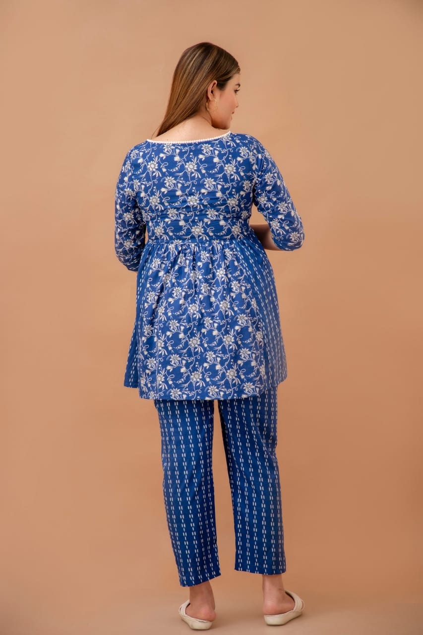 Blue Floral Cotton Maternity And Nursing Coord Set