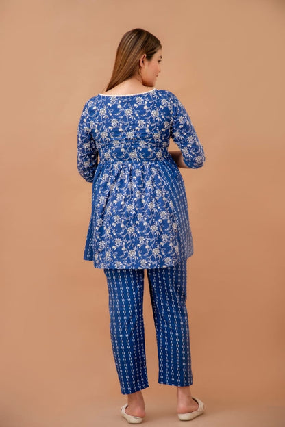 Blue Floral Cotton Maternity And Nursing Coord Set