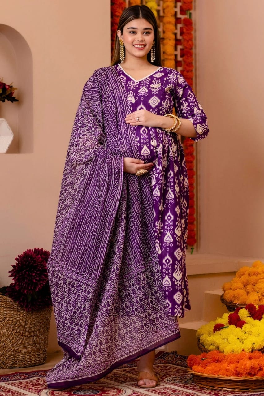Ikat Purple Maternity and nursing Kurta Dupatta set