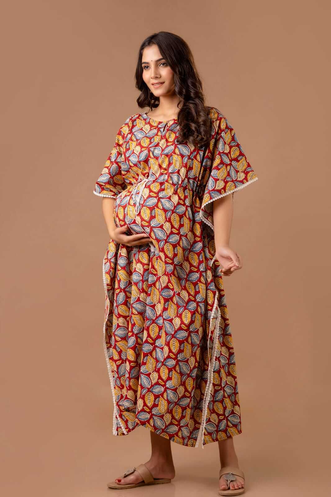 Leafy Red Maternity And Nursing Kaftan