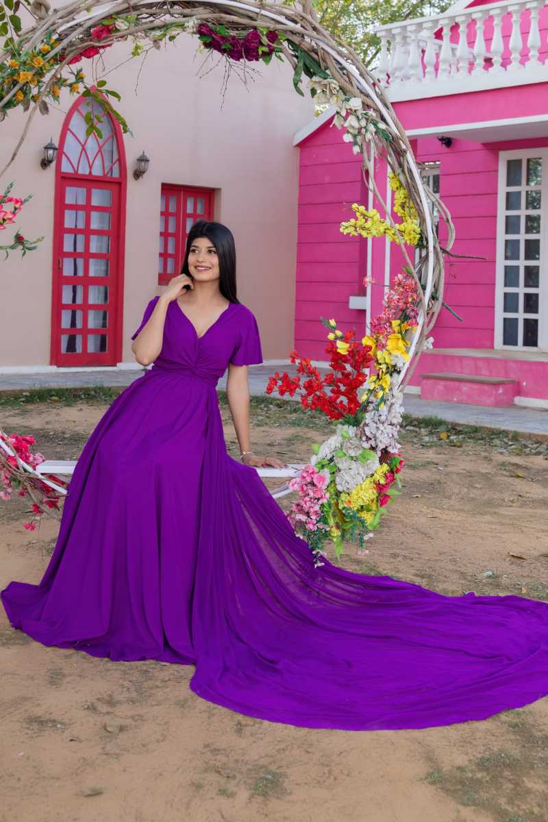 Purple Drape Maternity Dress With Detachable Trail
