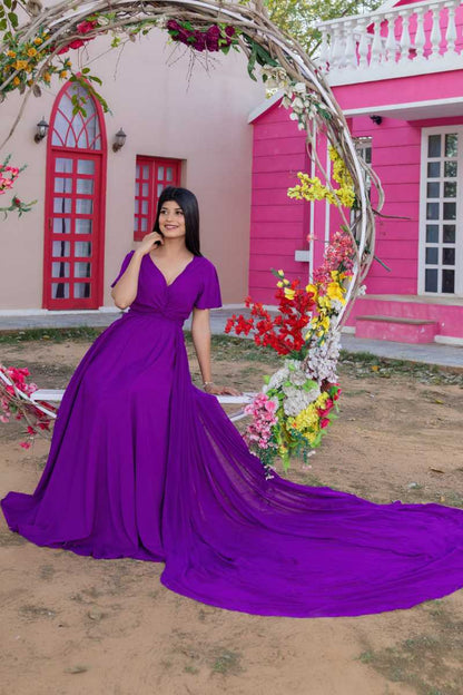 Purple Drape Maternity Dress With Detachable Trail