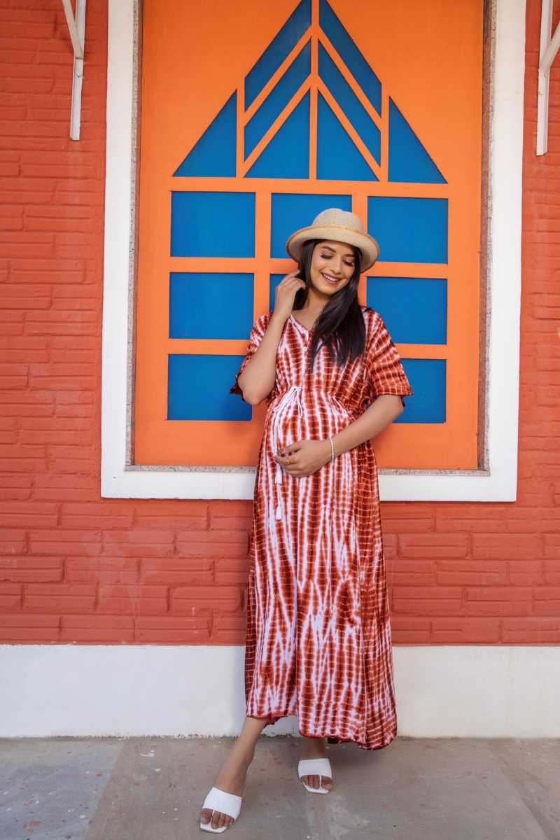 Kimono Brown Tie Dye Maternity And Nursing Maxi